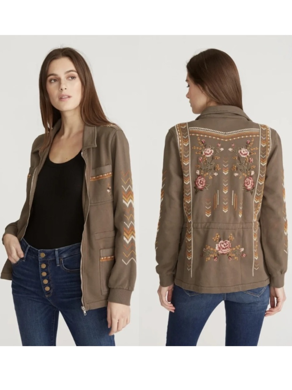 DRIFTWOOD Laura utility embroidered floral olive green zip up jacket medium